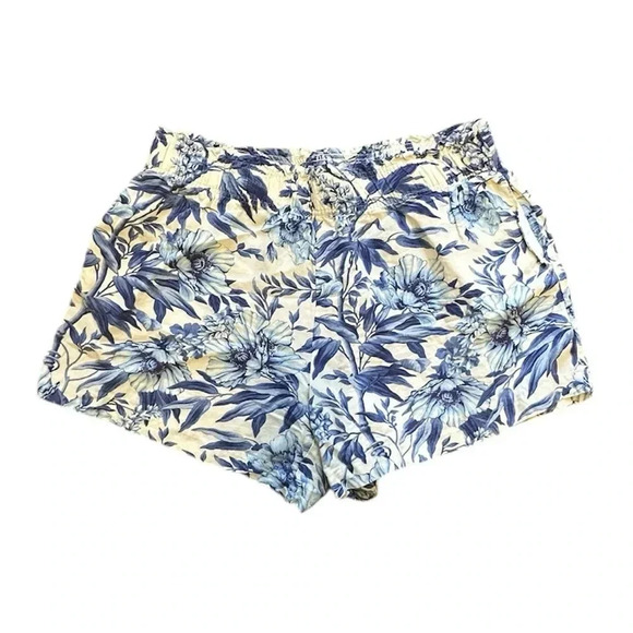 H&M Pants - H&M Women’s Blue and Cream Linen Blend Hawaiian Floral Flowy Shorts Size XL